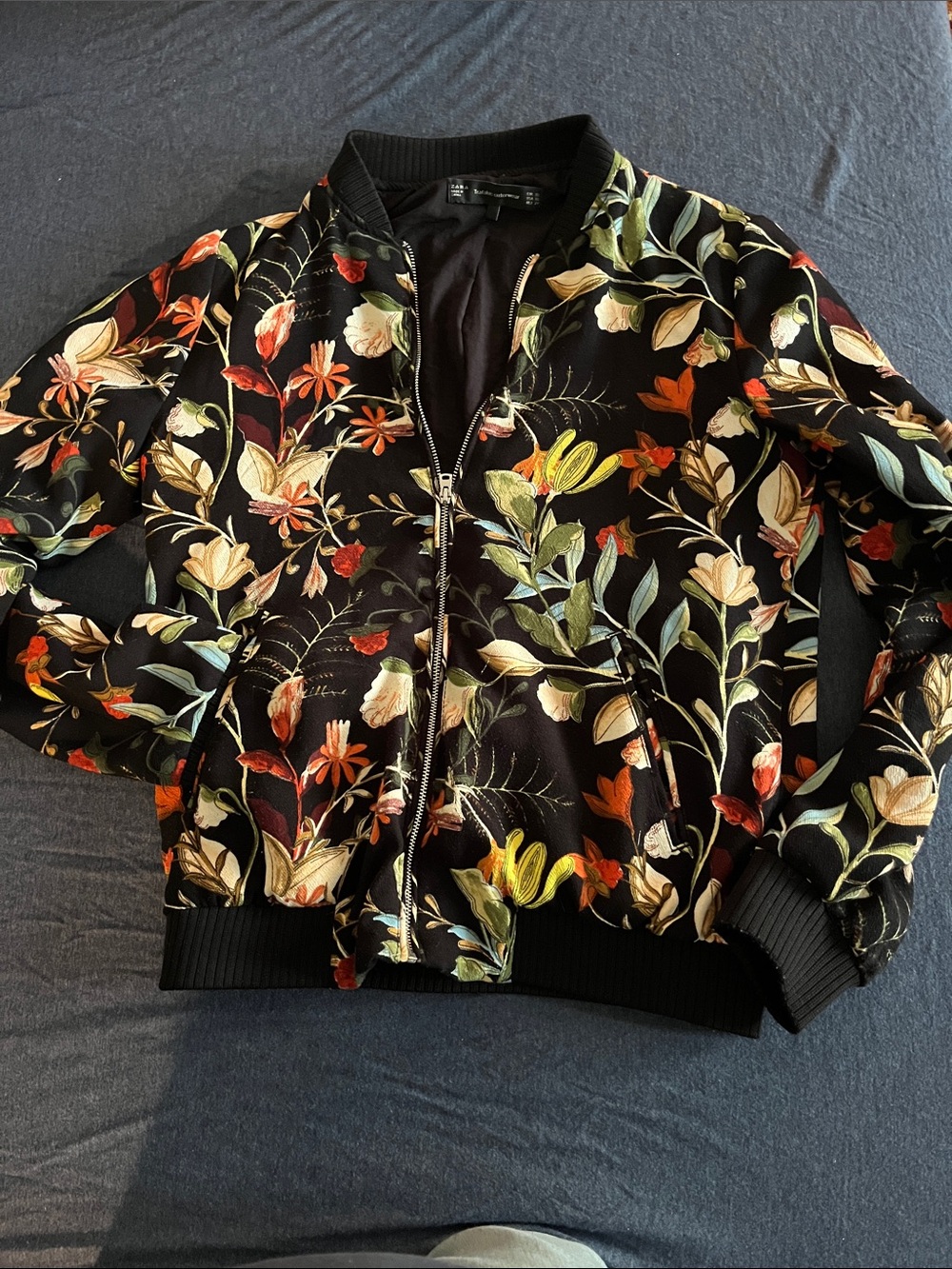 Zara Black Floral Embroidered Bomber Jacket